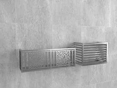 Stylish Swing Door With Metal Frame And Decorative Patterns On Gray Tile Wall 3d model