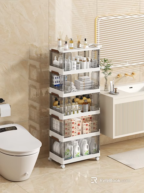 Metal Multi-layer Bathroom Storage Rack with Clear Bins Toiletries and Towels 3d model 