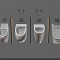 Four White Urinals With Partitions In Public Restroom With Restroom Signs