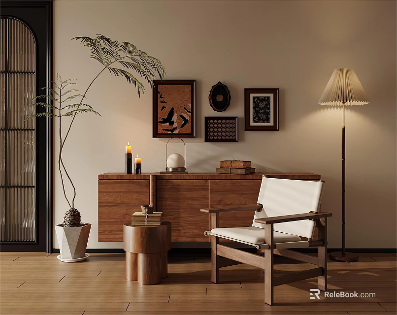 Warm Toned Interior Accent Chair With Wooden Frame White Cushion Decorative Paintings And Floor Lamp 3d model 