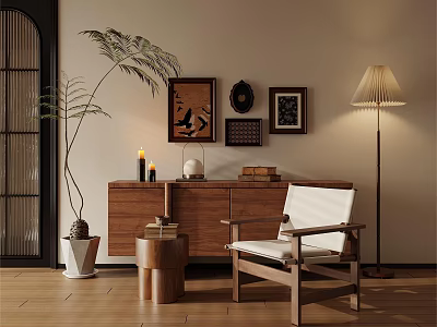 Warm Toned Interior Accent Chair With Wooden Frame White Cushion Decorative Paintings And Floor Lamp 3d model