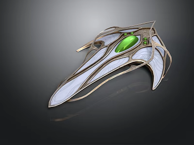 Futuristic Metallic Accessory With Silver Gold Finish Central Green Gemstone And Streamlined Wing Like Structures 3d model