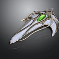 Futuristic Metallic Accessory With Silver Gold Finish Central Green Gemstone And Streamlined Wing Like Structures