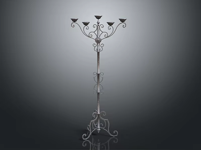 Decorative Wrought Iron Outdoor Floor Standing Light with Multiple Heads and Ornate Stand 3d model