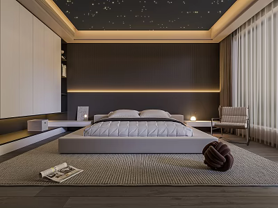 Modern Bedroom Interior With Starry Ceiling Dark Walls White Bed Chair Rug And Curtains 3d model