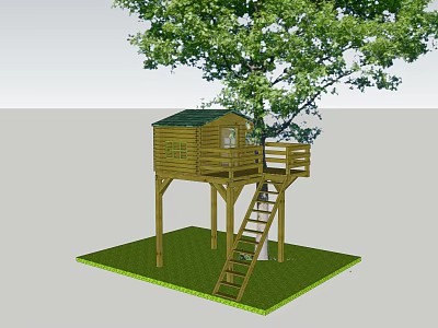 Wooden Treehouse With Green Roof And Ladder On Grass Near Big Tree 3d model