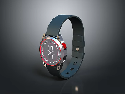Stylish Smartwatch With Black Silicone Strap Red Silver Dial And Digital 3d model