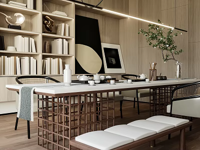 Serene Tea Room Interior With Long Wooden Table Bookshelves Tea Sets And Green Plants 3d model