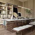 Serene Tea Room Interior With Long Wooden Table Bookshelves Tea Sets And Green Plants