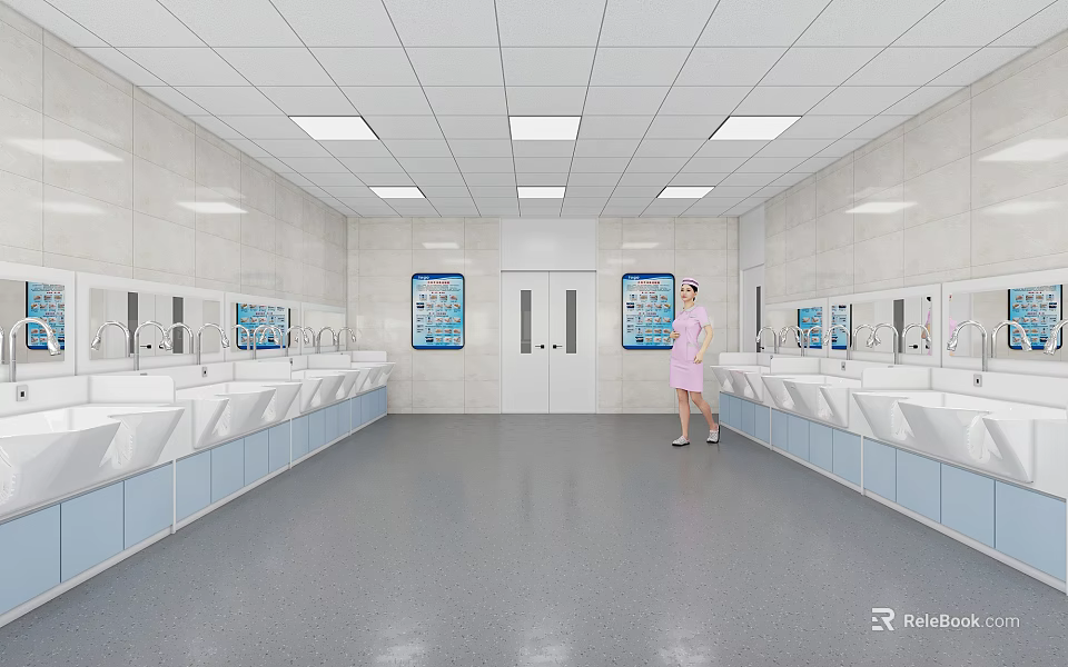 Clean White Operating Room Interior With Multiple Sinks Posters And Medical Staff On Gray Floor 3d model 