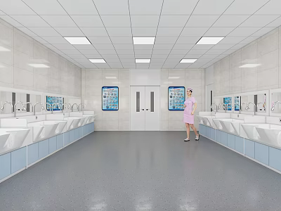 Clean White Operating Room Interior With Multiple Sinks Posters And Medical Staff On Gray Floor 3d model