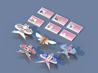 Colorful Paper Kites With Traditional Patterns And Decorative Cards On Blue Background 3d model