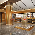 Blue and White Porcelain Specialty Store Interior With Display Shelves Marble Counter And Decorative Mural
