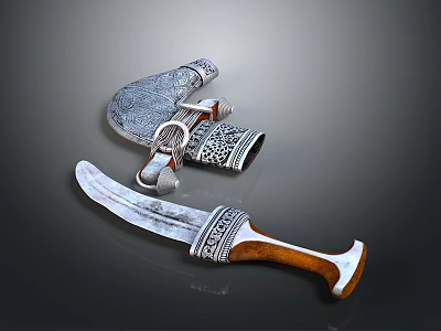 Traditional Decorative Weapon With Ornate Blade Wooden Handle And Metallic Accents 3d model