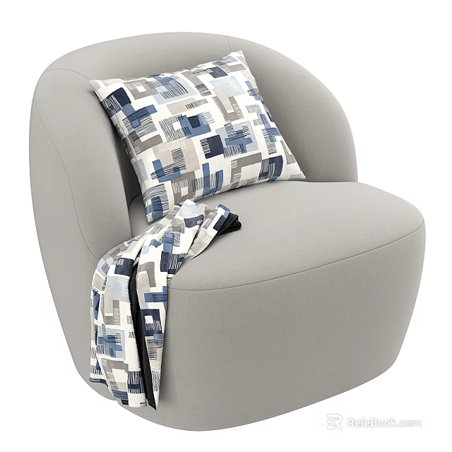 Light Gray Armchair With Blue White Gray Patterned Pillow And Throw Blanket 3d model