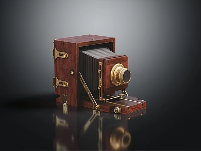 Vintage Electronic Camera With Wooden Body Brass Lens And Foldable Structure 3d model