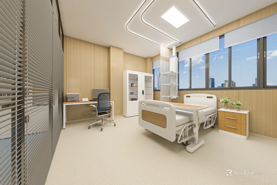 Modern Hospital Room Interior With Adjustable Bed Desk Chair Cabinets And Large Windows 3d model 