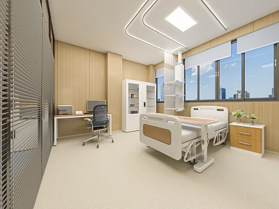 Modern Hospital Room Interior With Adjustable Bed Desk Chair Cabinets And Large Windows 3d model