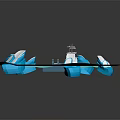 3D Rendered Cartoon Scene With Yellow Brown Sailboat Blue Icebergs And Blue Dock