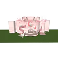 Inflatable Pink Moon Shaped Stage With Spiral Structures And Green Plants Balloons