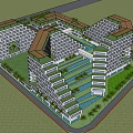 Modern Hotel Building With Multiple High Rise Structures Green Rooftops And Central Water Features 3d model