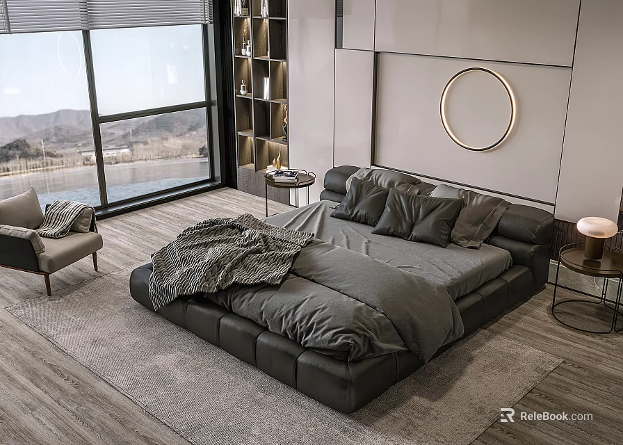 Modern Bedroom Black Leather Double Bed with Gray Bedding Round Metal Mirror and Scenic View 3d model 