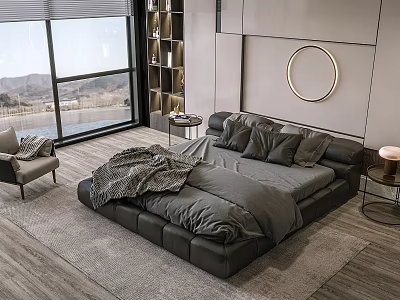 Modern Bedroom Black Leather Double Bed with Gray Bedding Round Metal Mirror and Scenic View 3d model