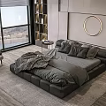 Modern Bedroom Black Leather Double Bed with Gray Bedding Round Metal Mirror and Scenic View