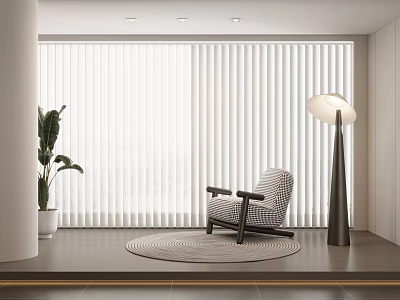 Elegant Venetian Blinds Enhance Modern Interior With Armchair Floor Lamp Plant And Rug 3d model