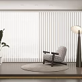 Elegant Venetian Blinds Enhance Modern Interior With Armchair Floor Lamp Plant And Rug