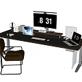Modern Office Desk and Chair Set with Computer Monitor Laptop Headphones and Clock
