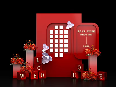 Red Themed Luxury Art Installation With Butterfly Flower Decorations And Letter Cubes 3d model