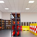 Indoor Traffic Safety Storage With Red White Cones Yellow Red Barriers And Shelves