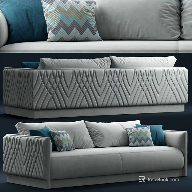 Modern Gray Two Seater Sofa With Textured Design And Geometric Pattern Cushions 3d model