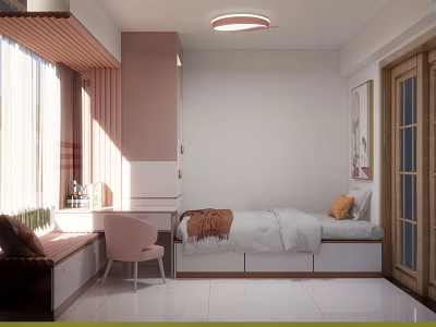 Cozy Tatami Bedroom Interior With Sunlight Window Desk Chair And Storage Drawers 3d model