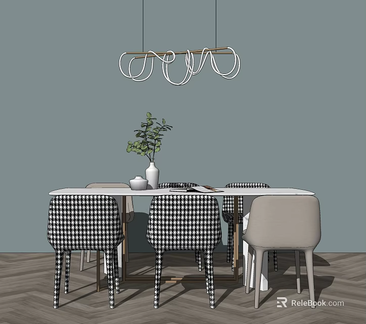 Dining Table Set With Black White Checkered Gray Chairs Vase Green Plant Modern Pendant Light 3d model 