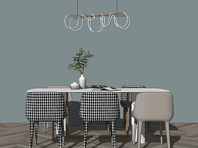 Dining Table Set With Black White Checkered Gray Chairs Vase Green Plant Modern Pendant Light 3d model