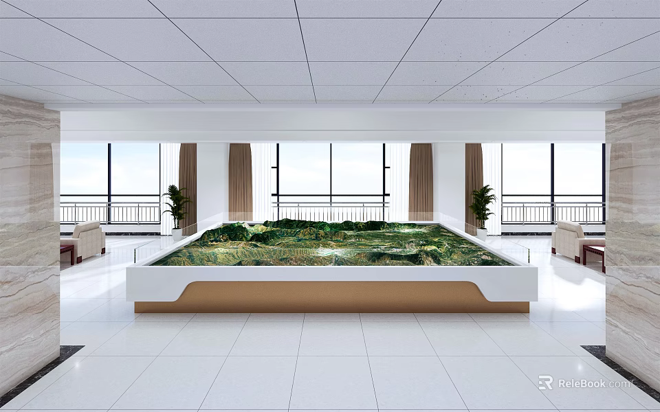 Spacious Leisure Area With Large Windows Green Plants And Comfortable Seating 3d model 