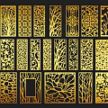 Gold Laser Cut Decorative Panels With Various Geometric And Floral Patterns On Black Background