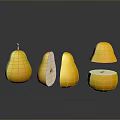 Yellow Pears in Whole Halved and Quartered Cuts on Reflective Black Surface