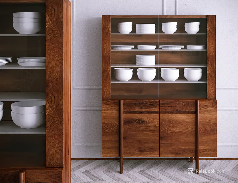 Wooden Sideboard With Glass Doors Displaying White Bowls And Plates Storage 3d model 