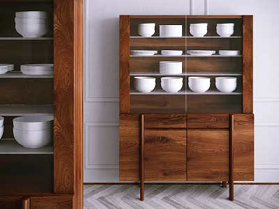 Wooden Sideboard With Glass Doors Displaying White Bowls And Plates Storage 3d model