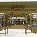 Traditional Chinese Ancient Architecture Interior With Wooden Structure Hanging Lanterns And Furniture