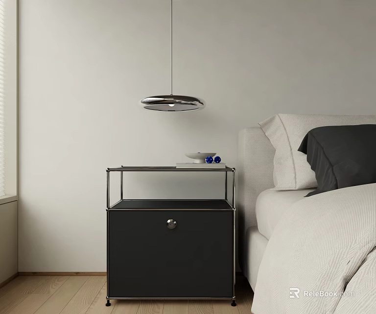 Modern Bedroom Interior With Black Nightstand Pendant Light And White Bed 3d model 