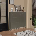 Modern Black Shoe Cabinet With Arched Doors In Entryway With Table Lamp Decorations And Plant