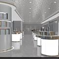 Bright Modern Display Space Interior With White Gold Podiums Curved Columns And Shelves