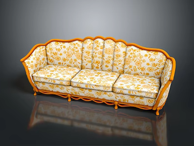 Ornate Multi Seat Sofa With Orange Frame And Floral Pattern Cushions 3d model