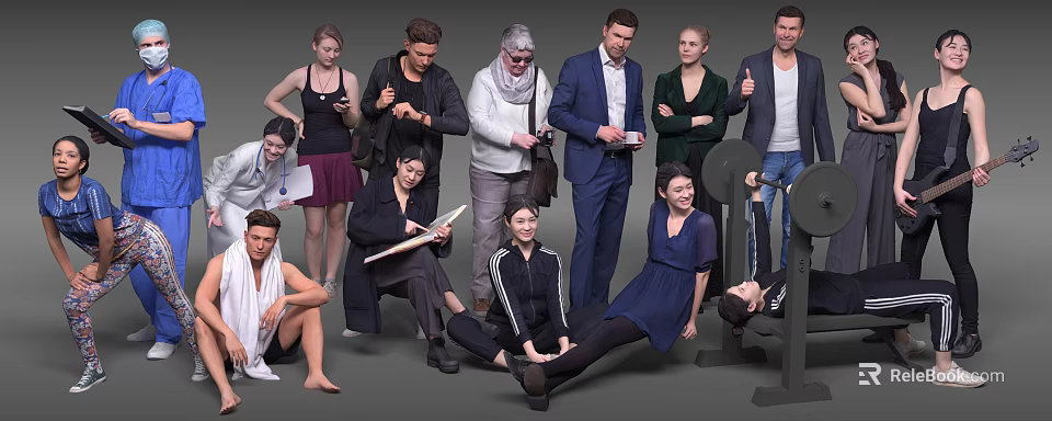 Diverse Group of People in Various Poses and Activities Together 3d model 