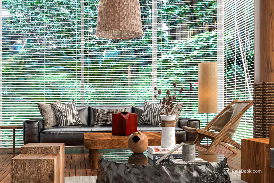 Casual Lounge Area With Leather Sofa Wooden Coffee Table Rattan Pendant Light And Green Plants 3d model 