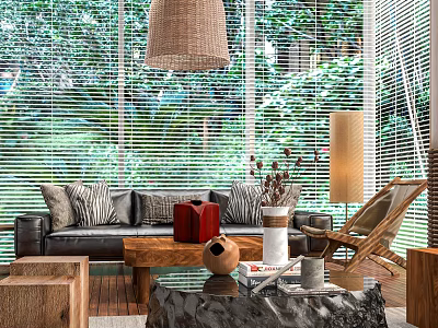 Casual Lounge Area With Leather Sofa Wooden Coffee Table Rattan Pendant Light And Green Plants 3d model